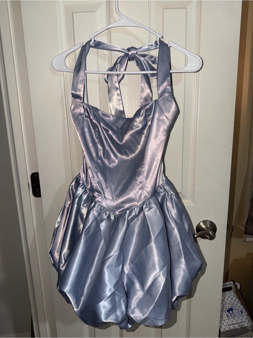 AKIRA Shimmery Light Blue Satin Mini Dress Romper